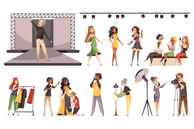 Fashion industry people. Cartoon designer goes to podium, models defil