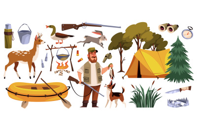 Cartoon hunter character with equipment. Funny man with a hunting dog