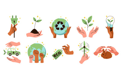 Save planet hands. Cartoon human hands hold different ecological symbo