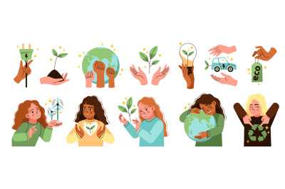 People save planet. Cartoon cute girls with green ecological symbols,