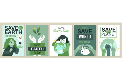 Earth day cards. Global world saving posters, ecology and environment