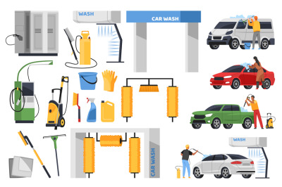 Cartoon car wash elements. Owners take care of vehicles, brushes, vacu