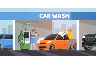 Couple in car wash service. People take care from vehicle, application