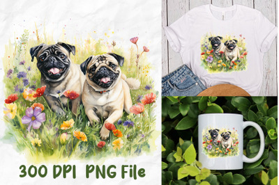 Vintage Cute Pug Dog Wild Flower Garden