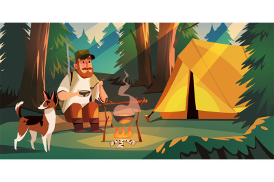 Hunter on nature. Man with dog in forest with tent, brought in search