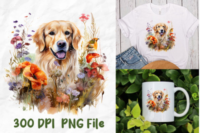 Vintage Golden Retriever Dog Wild Flower