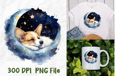 Vintage Corgi Dog Sleep Moon Star Night