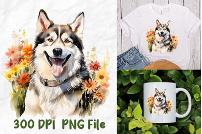 Vintage Smiling Husky Dog Wild Flower