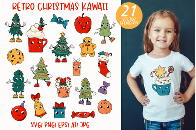 Retro Christmas set of vector illustrations. kawaii SVG