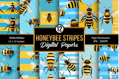 Striped Honeybees Pattern Digital Papers