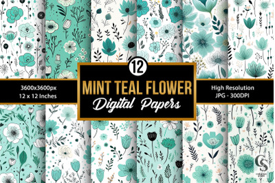 Mint &amp; Teal Flowers Seamless Patterns