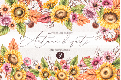 Watercolor autumn bouquets with sunflowers PNG