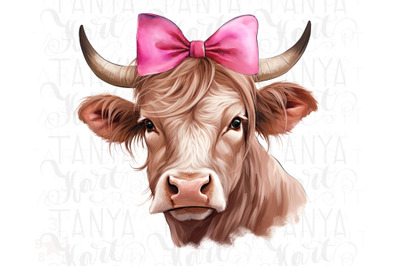 Cow with Pink Bow: Farm Animal Sublimation Design