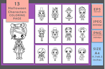 13 Halloween Characters Coloring Pages Jpeg/Png/Eps