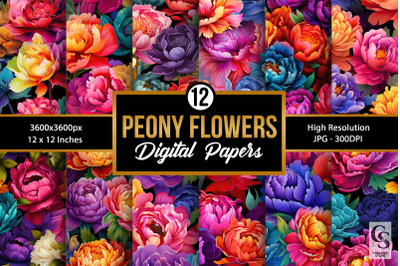 Rainbow Peony Flowers Pattern Digital Papers