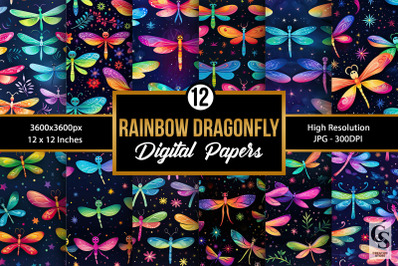 12 Rainbow Dragonfly Seamless Pattern Digital Papers   Included   12 D