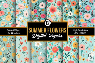 Cute Summer Flowers Pattern Digital Papers &nbsp;
