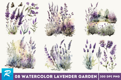 Watercolor Lavender Garden Clipart Bundle