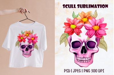 Colorful watercolor skull with sublimation flowers