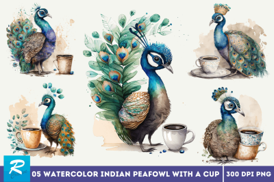 Watercolor Cute Indian Peafowl with a Cup Clipart Bundle