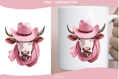 Pink Highland Cow with Cowgirl Hat PNG