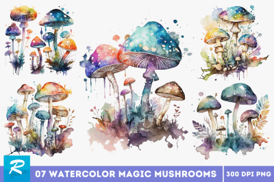 Watercolor Magic Mushrooms Clipart Bundle