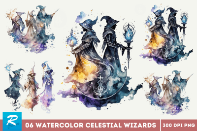 Watercolor Celestial Wizards Clipart Bundle