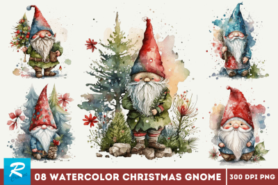 Watercolor Christmas Gnome Clipart Bundle