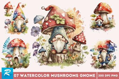 Watercolor Mushrooms Gnome Clipart Bundle