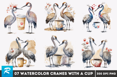 Watercolor Cute Cranes with a Cup Bundle