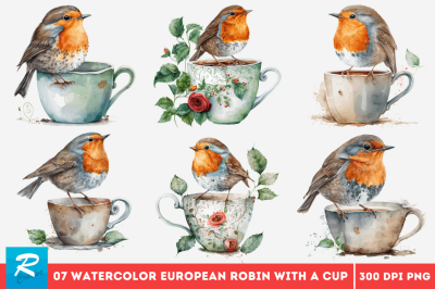 Watercolor Cute European Robin with a Cup Bundle