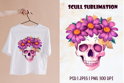 Colorful watercolor skull with sublimation flowers