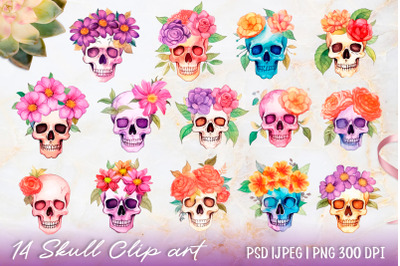 14 PNG colorful watercolor skull with flowers clipart