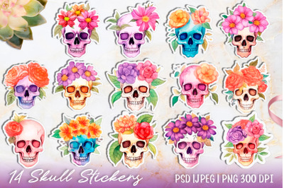 14 PNG colorful watercolor skull with flowers stickers
