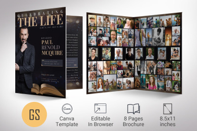 Life Tabloid Funeral Program Template for Canva - Black Gold | 8 Pages