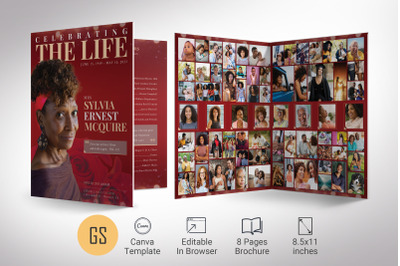 Life Tabloid Funeral Program Template for Canva - Red Gold | 8 Pages