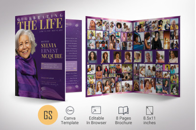 Life Tabloid Funeral Program Template for Canva - Purple Gold | 8 Page