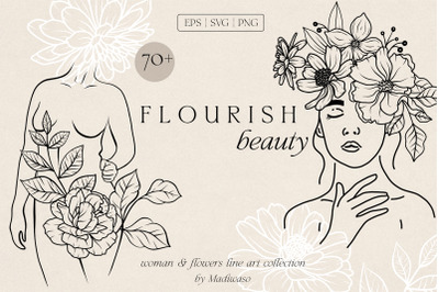 Woman body &amp; flowers - line art set