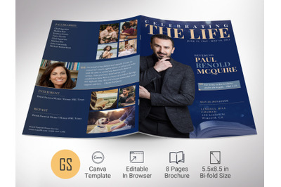 Life Funeral Program Template for Canva - Blue Gold | 8 Pages