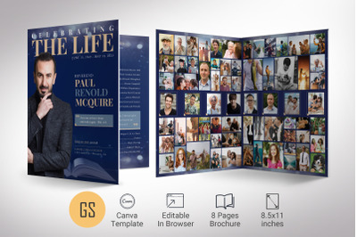 Life Tabloid Funeral Program Template for Canva - Blue Gold | 8 Pages