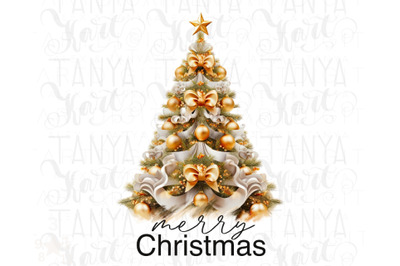 Merry Christmas Gold Tree Png, Sublimation Print for Seasonal Artwork