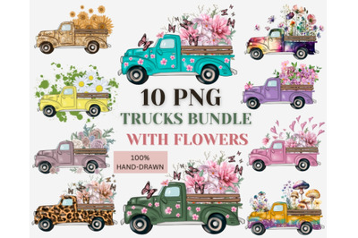 10 Png Trucks Bundle With Flowers Instant Download