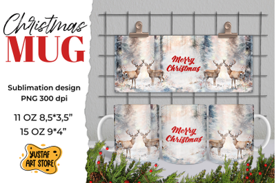 Christmas sublimation mug wrap. Christmas deer in forest PNG