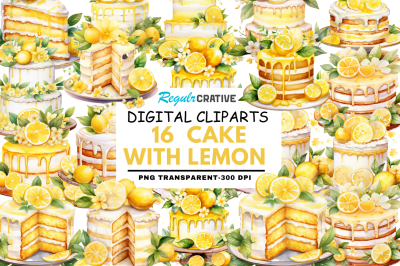 Cake with Lemon Watercolor Clipart