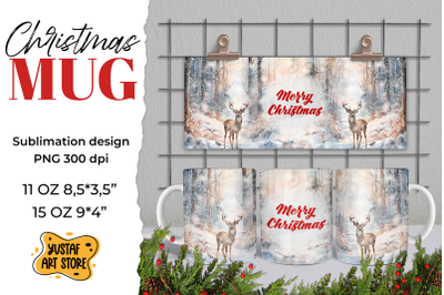 Christmas sublimation mug wrap. Christmas deer in forest PNG