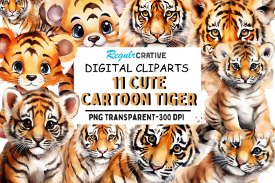 Cute Cartoon Tiger Watercolor Clipart