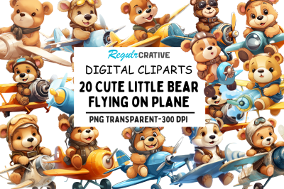 Cute Little Bear Flying on Plane Clipart