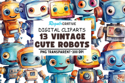 Cute Robots Watercolor Clipart