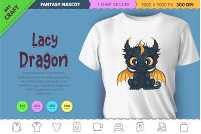 Lacy cartoon dragon. Fantasy clipart.