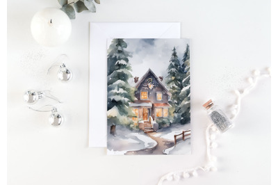 Watercolor Christmas Card, Christmas house in the forest